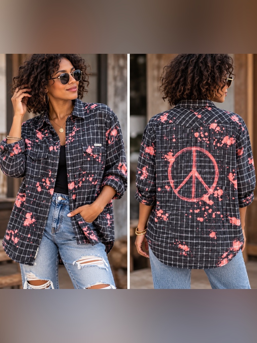 OOAK Lucky Brand XL Upcycled Bleach Dyed Peace Sign Plaid Flannel